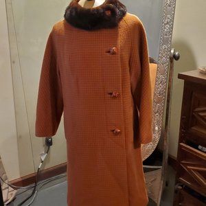 Vintage orange, plaid coat with fur collar